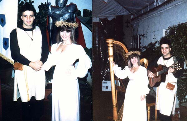 Guitarist Frank Gambale and harpist Stephanie Bennett play for a wedding, 1980s